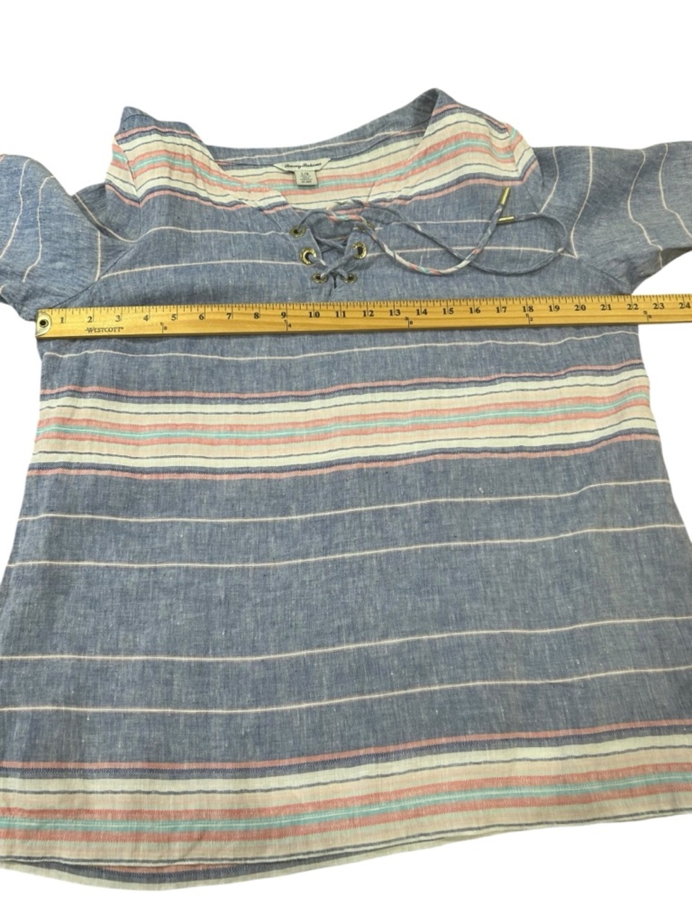 Tommy Bahama Linen Striped top womens large Coastal blue vacation beachy boho - Picture 4 of 13